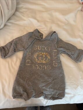 Gucci Grey Hooded Floral Logo Infant Romper